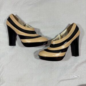 Betsey Johnson Black and Beige Striped Patent Platform Pumps
